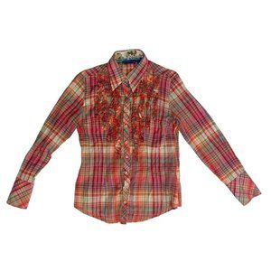 Georg Roth Los Angeles Women's Small Plaid Ruffle Front Shirt Pink Yellow Orange